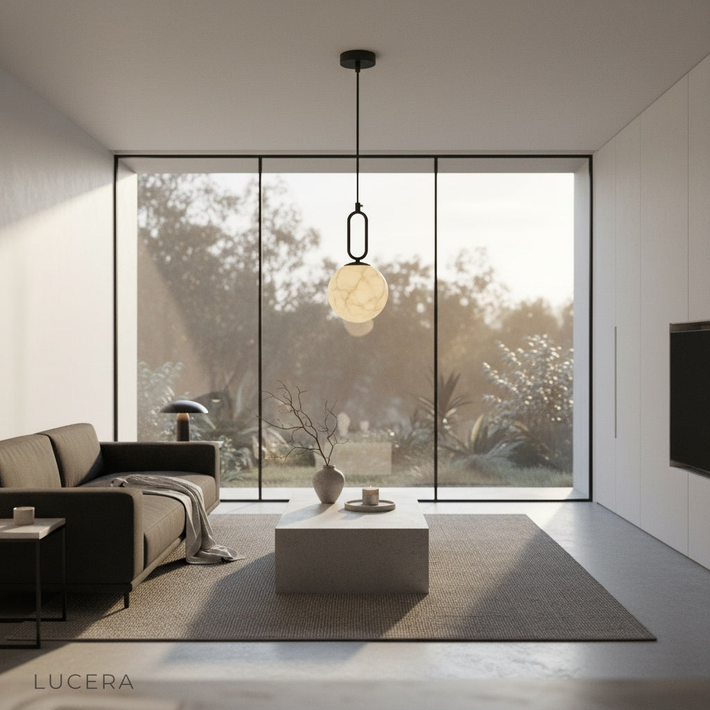 Haven alabaster pendant light hanging above dining table