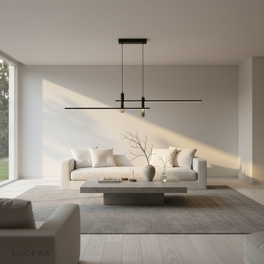 Red acrylic pendant light casting inviting glow over reading nook with armchair