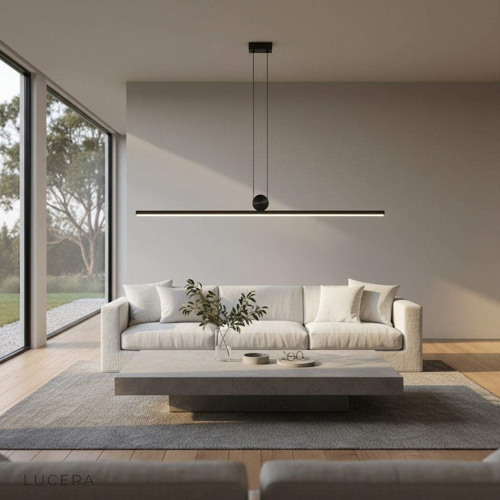 Eleonora pendant light hanging above kitchen island in contemporary open-plan space with warm ambient light