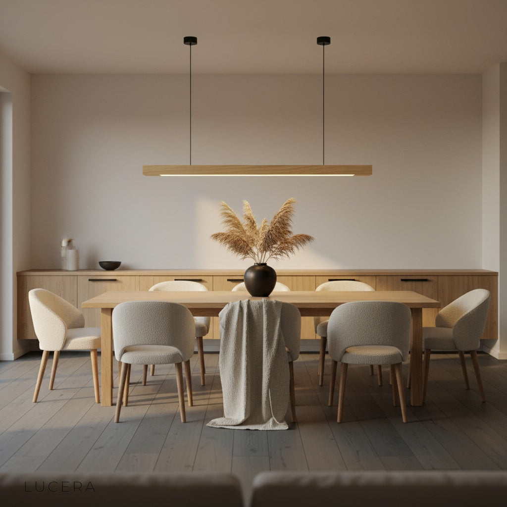 minimalist pine wood pendant light hanging from ceiling on adjustable cord, clean white background
