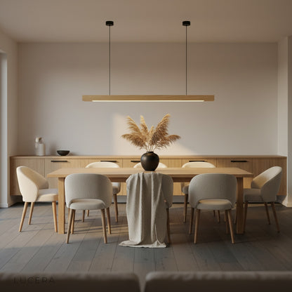 minimalist pine wood pendant light hanging from ceiling on adjustable cord, clean white background
