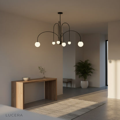 Detail view of matte black iron frame joints on Unico Chandelier