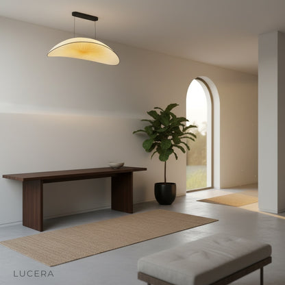 Dart Silk Chandelier suspended in a serene bedroom with linen bedding and soft morning light filtering through curtains