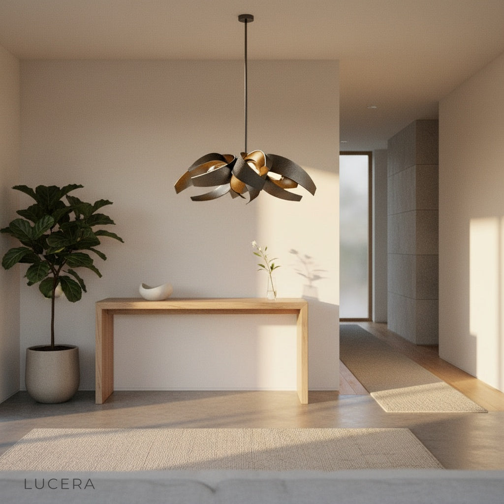 Incanto Chandelier in an elegant entryway with ambient evening lighting and shadow play
