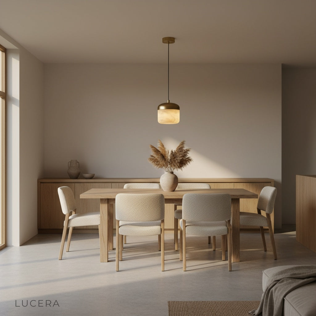 copper and alabaster pendant light illuminating a cozy living room corner