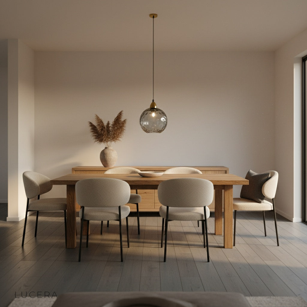 Kronos pendant light front view in studio, clear blown glass with warm LED glow