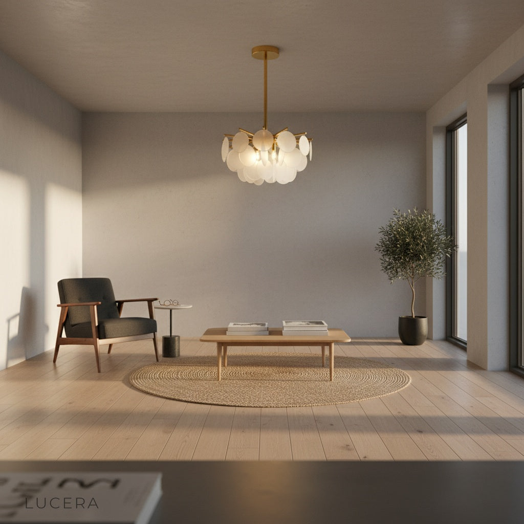 modern gold chandelier above marble table in elegant interior