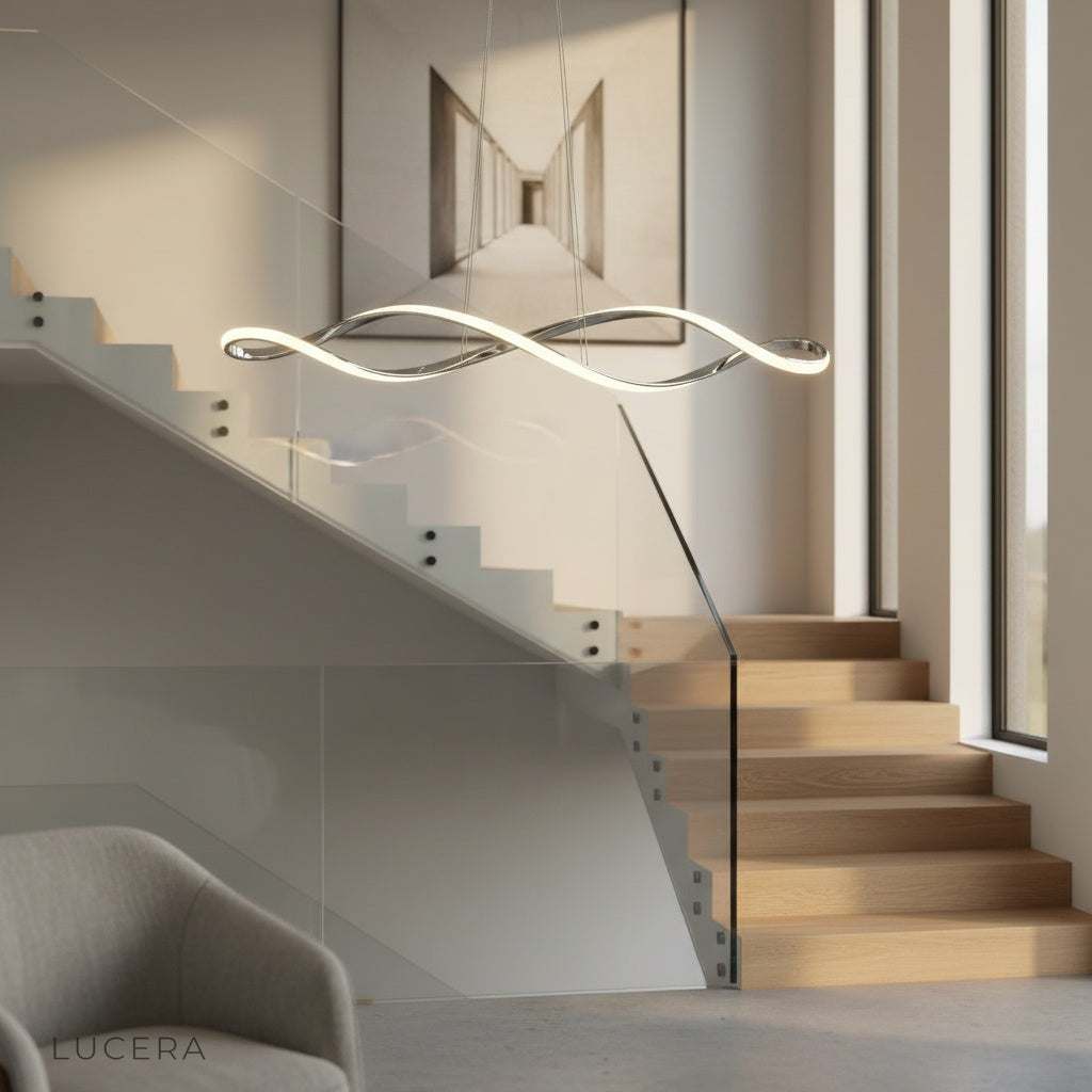 overhead angle of Damaske chandelier in modern hallway with polished chrome accents