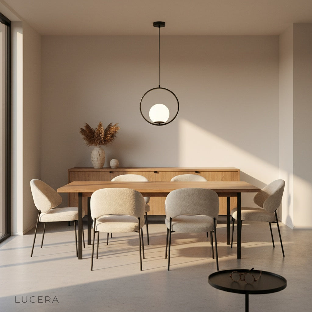 Close-up of Zigolo pendant light glass fixture and iron frame details