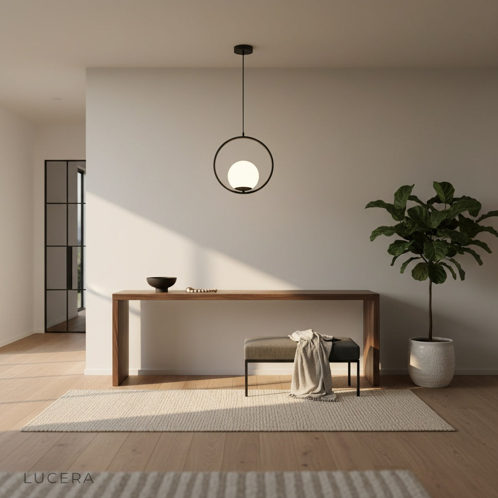 Zigolo pendant light in matte black finish hanging above dining table