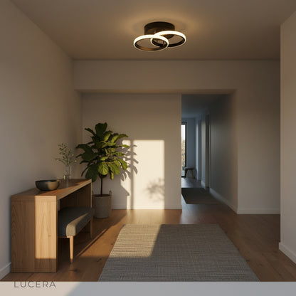 Overhead view of minimalist ceiling light in bright white contemporary room