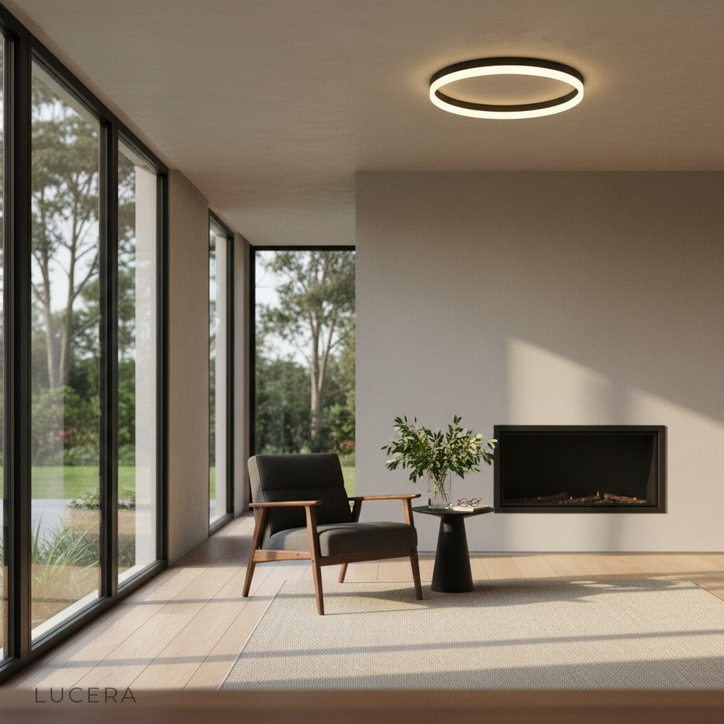 Electrum light glowing softly in nighttime living room scene