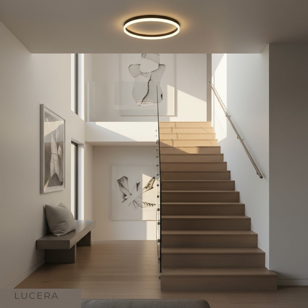 bright ceiling lamp illuminating stylish home entryway