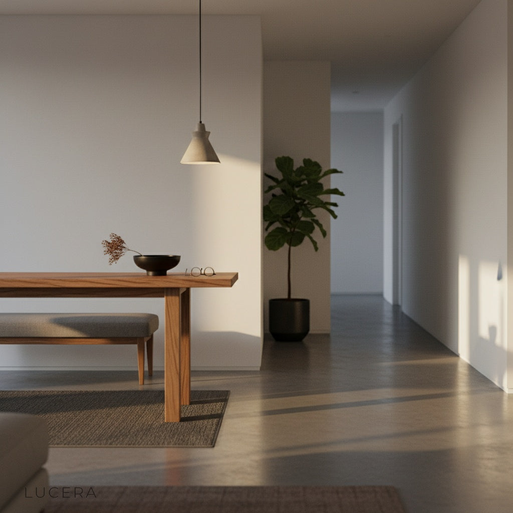 Jazzle pendant light hanging over a kitchen island with wooden stools and soft daylight from nearby window