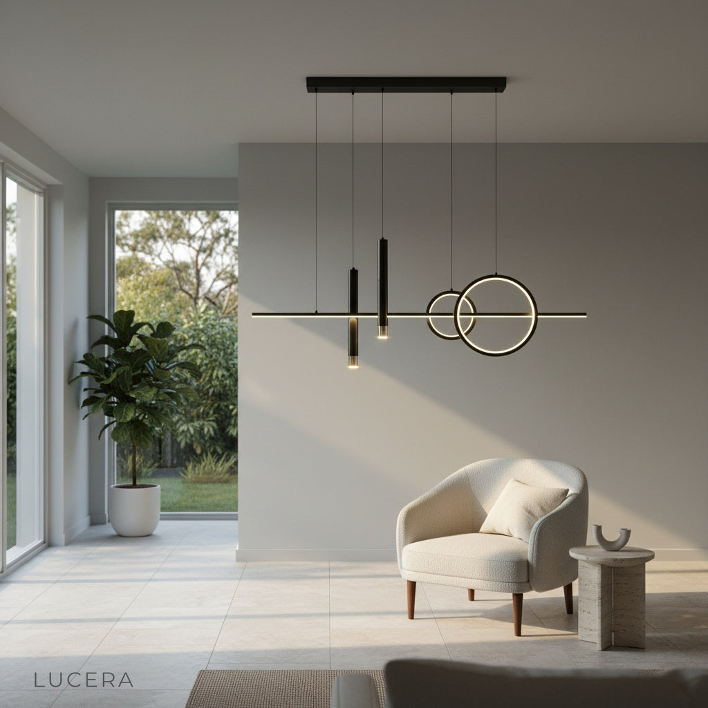Black Trim Pendant Light front view in studio, linear bars and circular details clearly visible