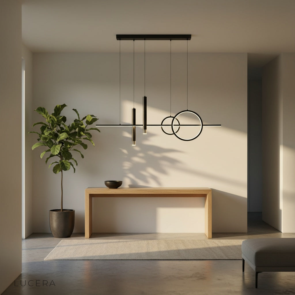 Black finish variant of Trim Pendant Light hanging in minimal entryway with soft daylight