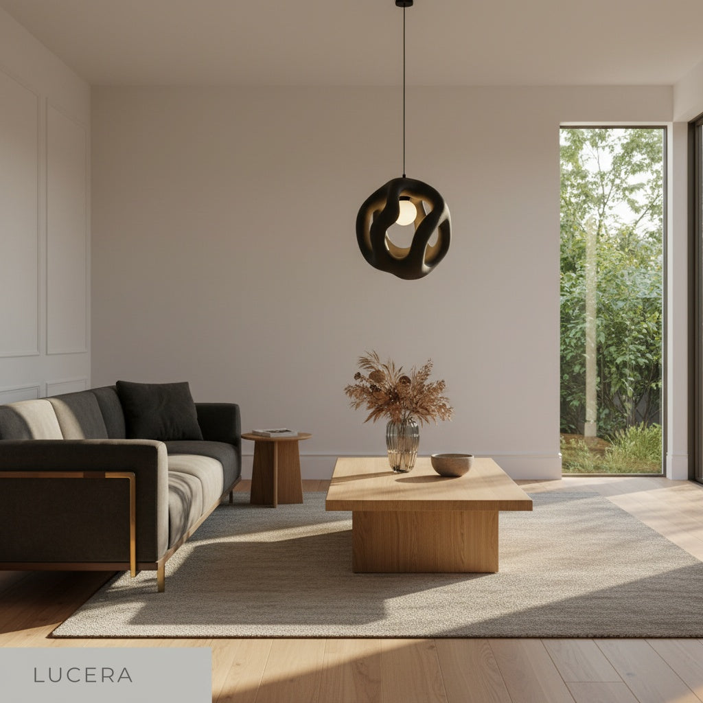 sculptural flame pendant light illuminating cozy dining table with Italian cave inspired ambiance