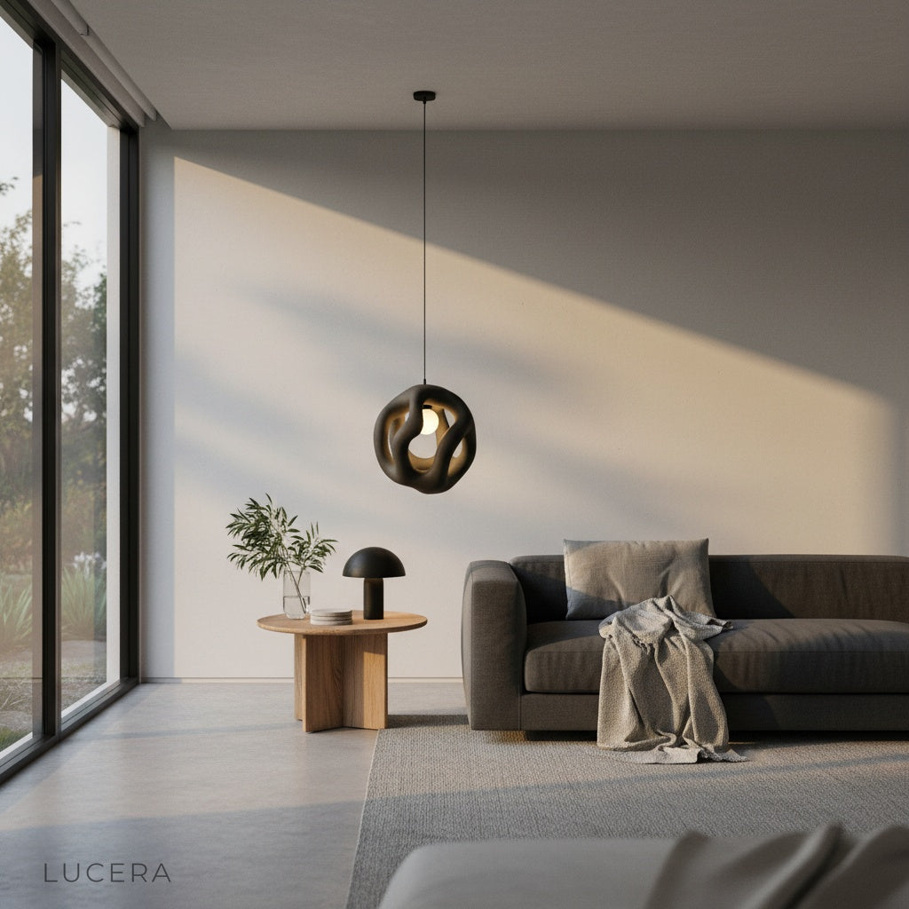 Lucera flame pendant light above rustic wooden counter with earthy neutral decor