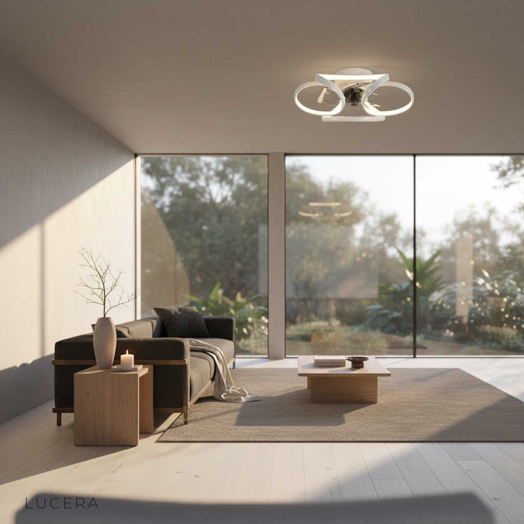 detail of remote-controlled ceiling fan light with modern circular design