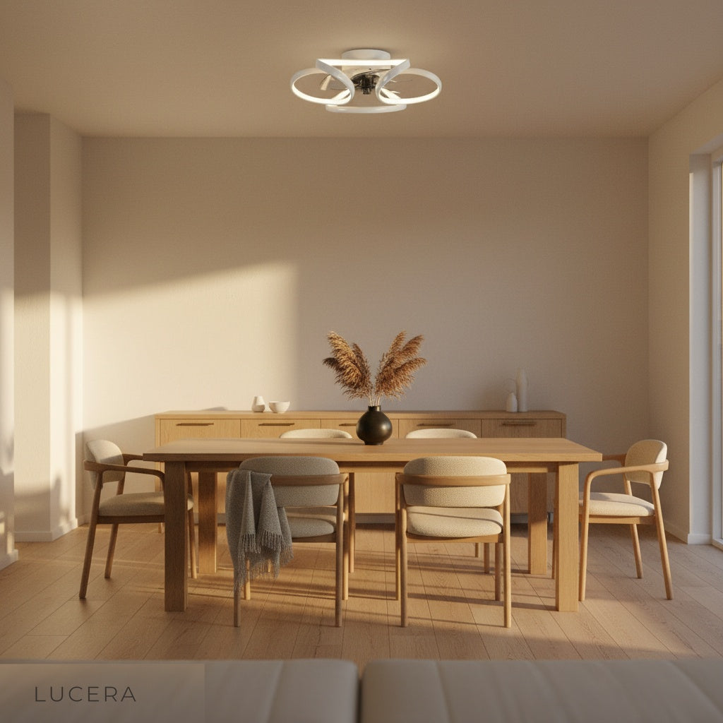 white ceiling fan with LED light in open-concept kitchen and dining area