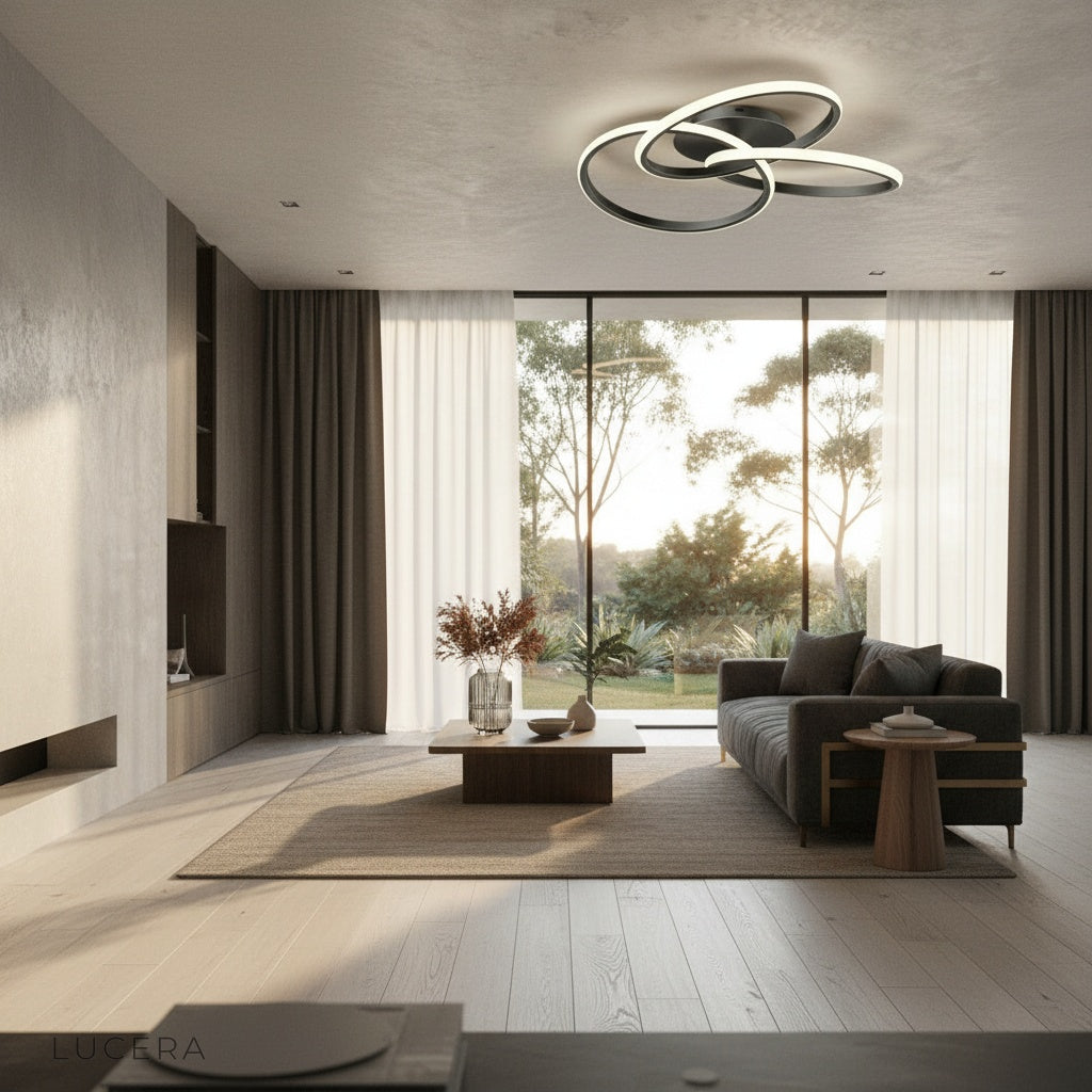 Loom ceiling light in bright Scandinavian style bedroom setting