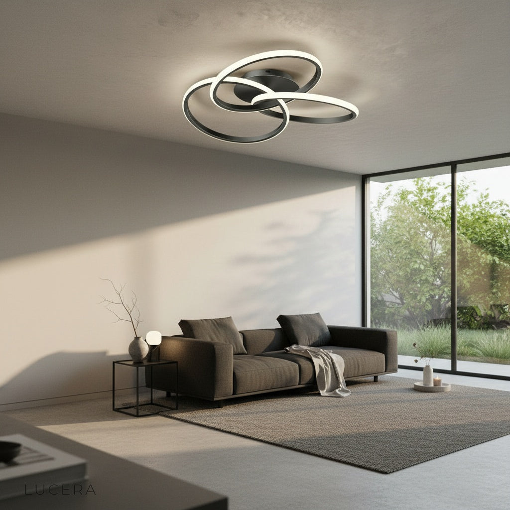 Loom ceiling light as focal point in chic entryway with mirror
