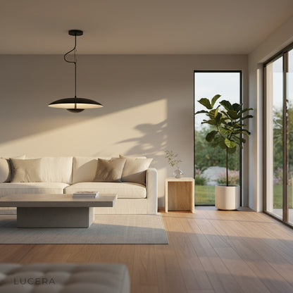 Pair of Cinder Pendant Lights in black and wood finishes hanging at different heights in a studio