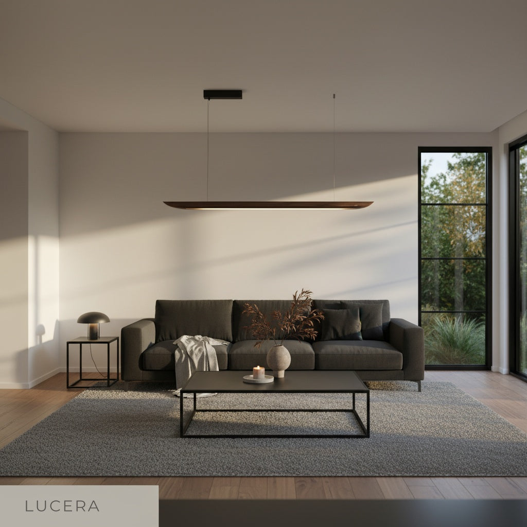 Fauvist pendant light in a bright Scandinavian living room with light oak furniture and neutral tones