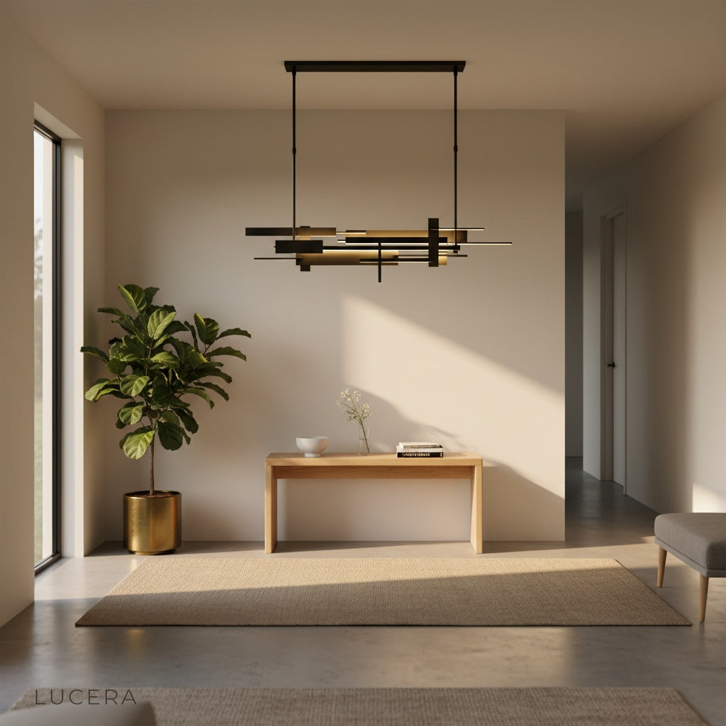 Cassiopeia chandelier above round dining table with ambient evening lighting