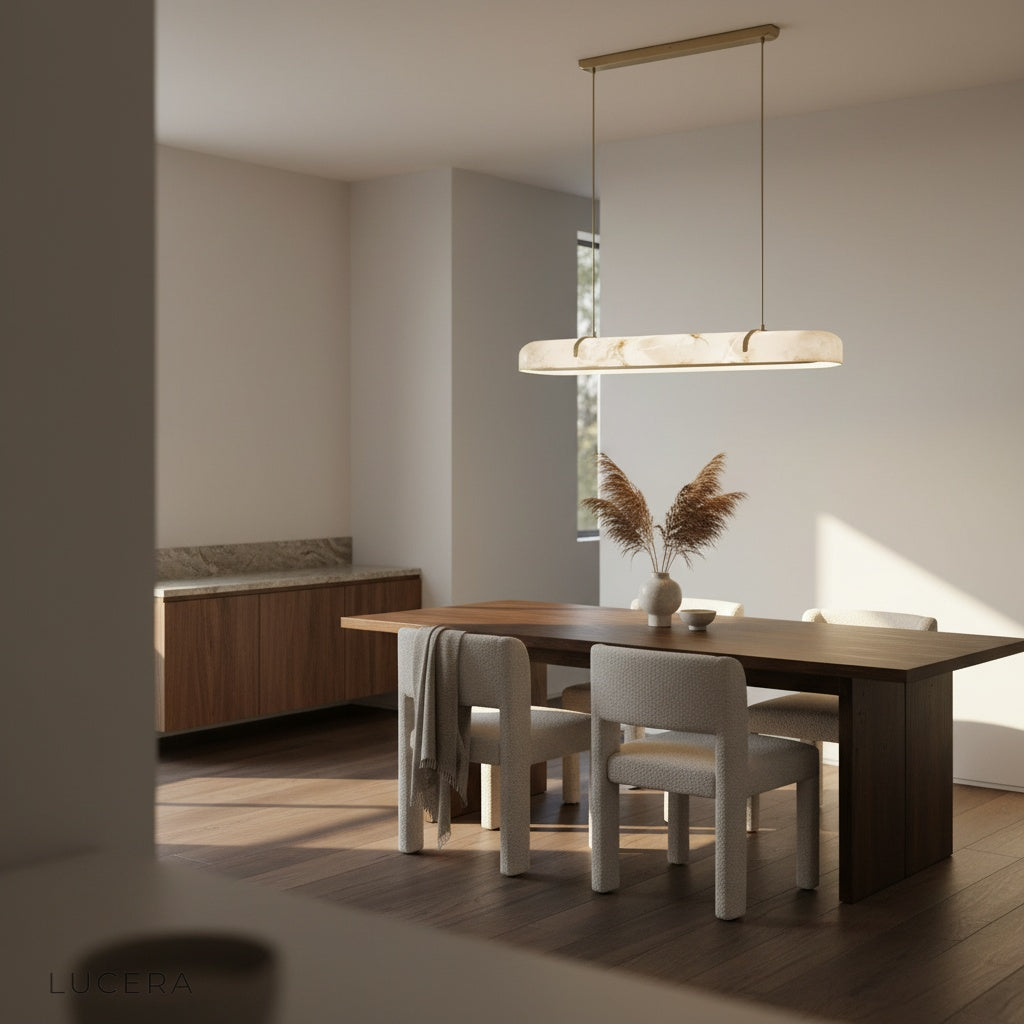 Nerissa chandelier with alabaster shade glowing against a dark contemporary wall
