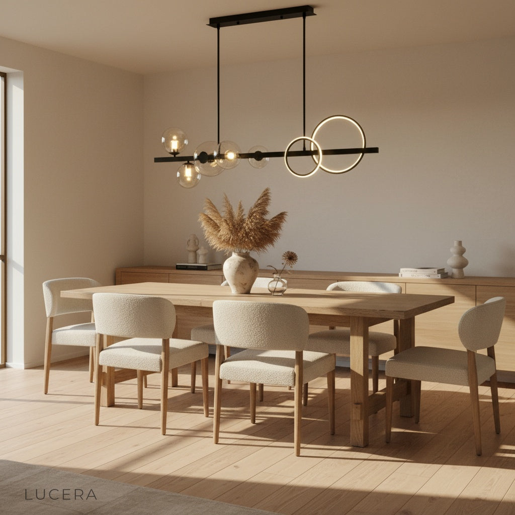 Mare chandelier studio view showing iron body and three distinct glass shades