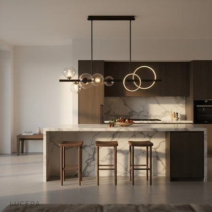 close-up of black and gold iron frame and glass bulb detail on Mare pendant