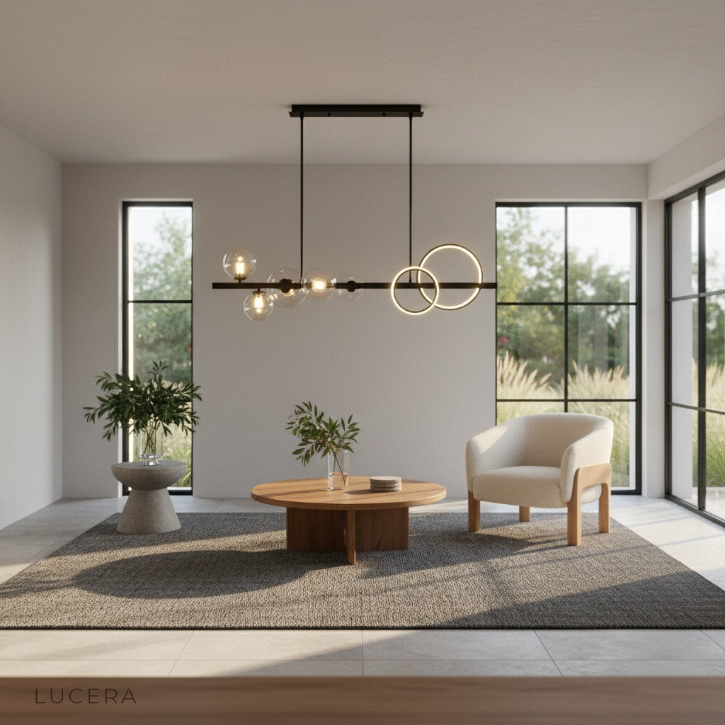 Mare pendant light illuminating cozy kitchen island with warm ambient glow