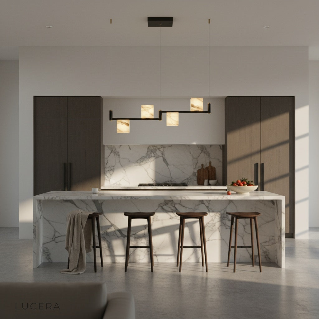 close-up detail of alabaster cube shades and matte black linear frame joints