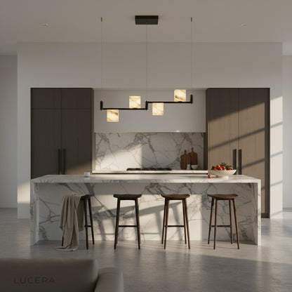 close-up detail of alabaster cube shades and matte black linear frame joints