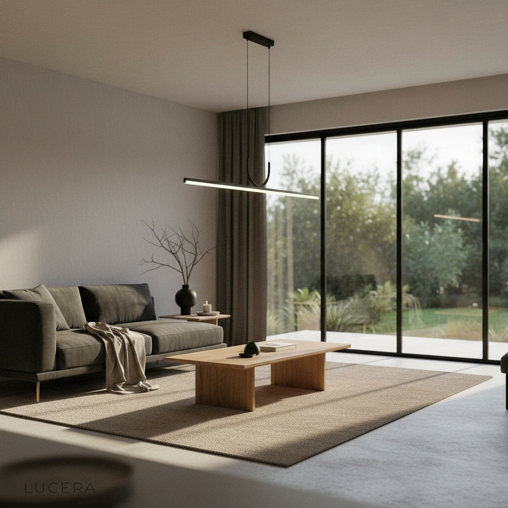 Black Honeysuckle linear pendant light over a dining table with warm ambient glow in an evening setting