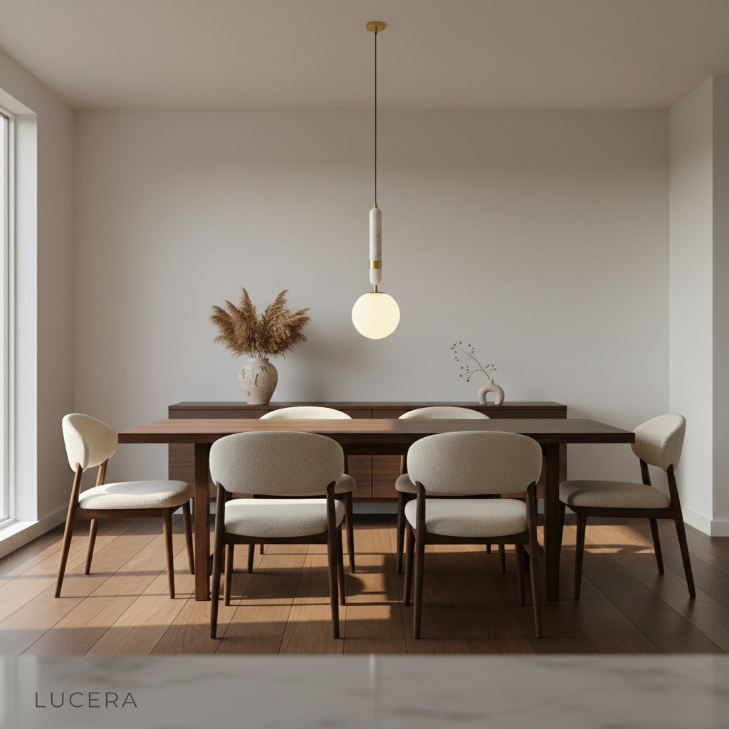 Frosted glass pendant light casting even ambient light in living room
