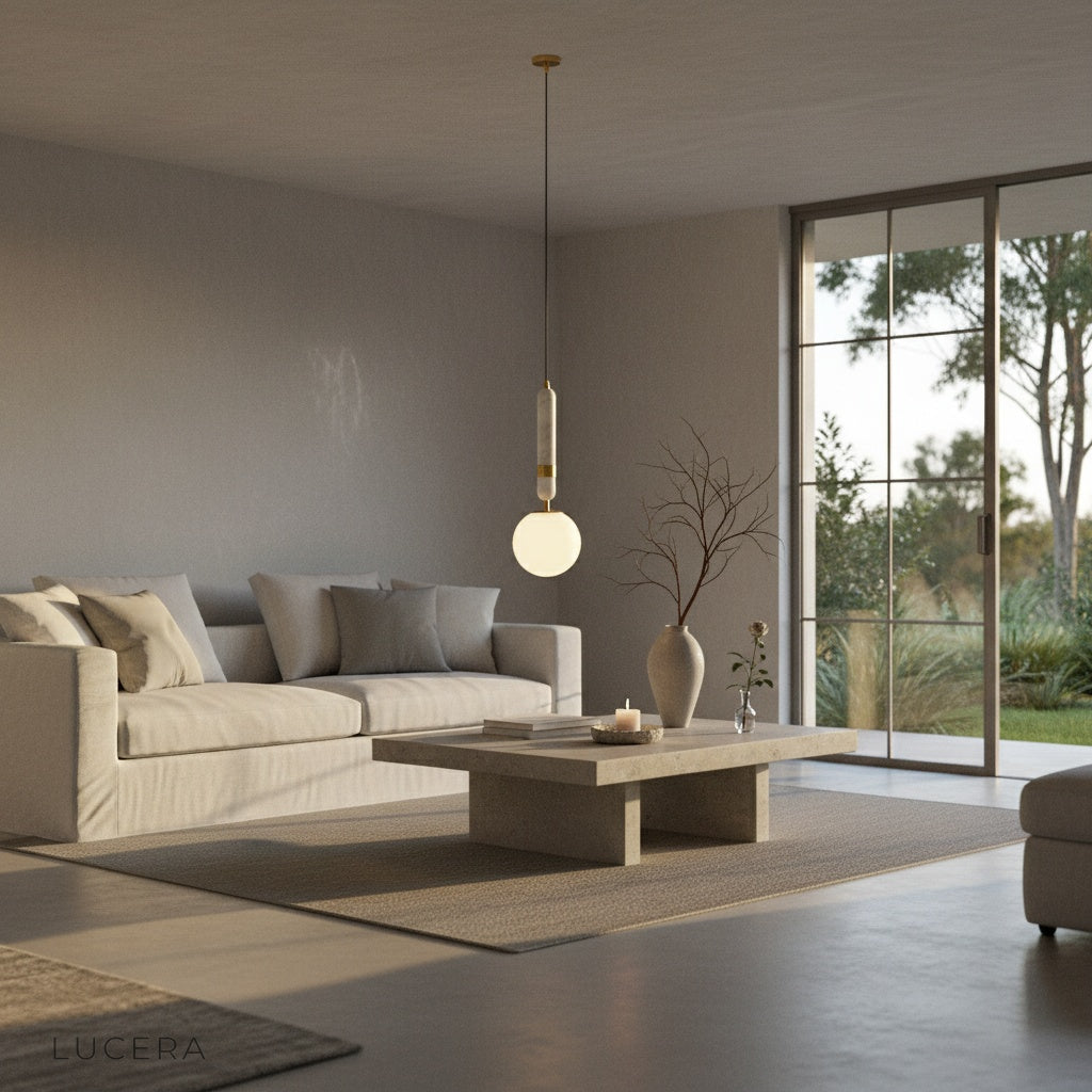 Groove pendant light in contemporary hallway with warm evening lighting