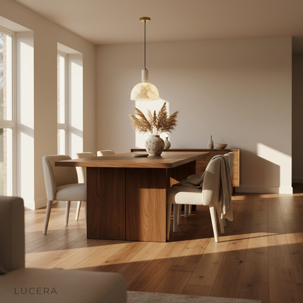 Midas alabaster pendant light paired with wooden furniture in a Japanese-inspired interior