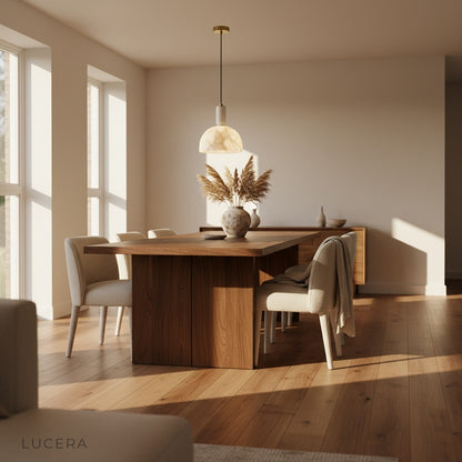 Midas alabaster pendant light paired with wooden furniture in a Japanese-inspired interior