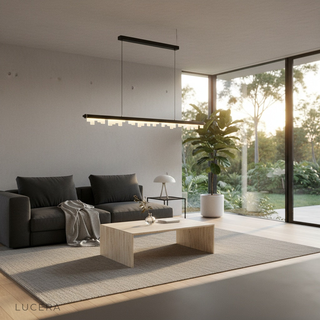Linear pendant light by Lucera adding architectural interest to a minimalist hallway or entryway