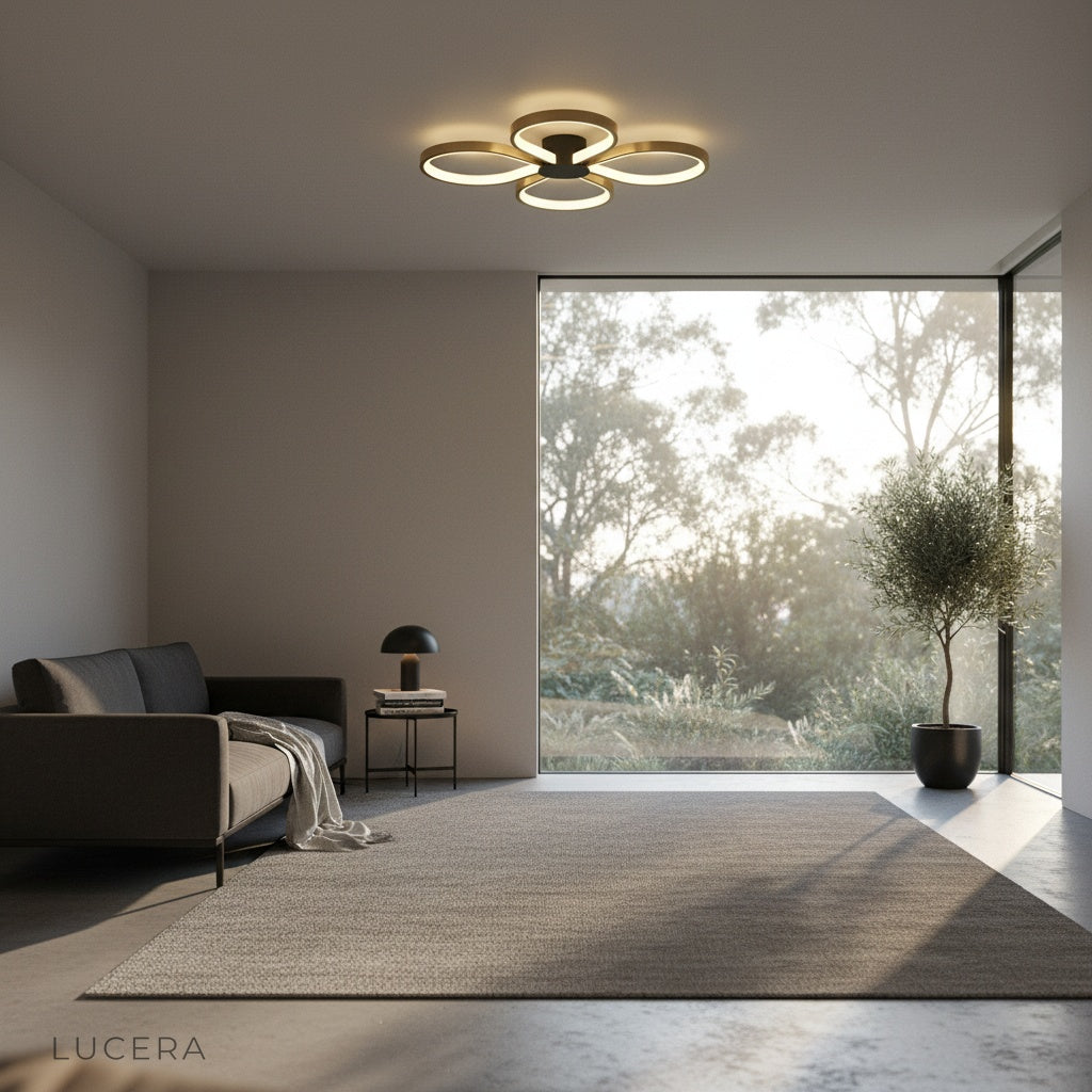 close-up view of the four circular LED rings and brushed brass finish of the ceiling light
