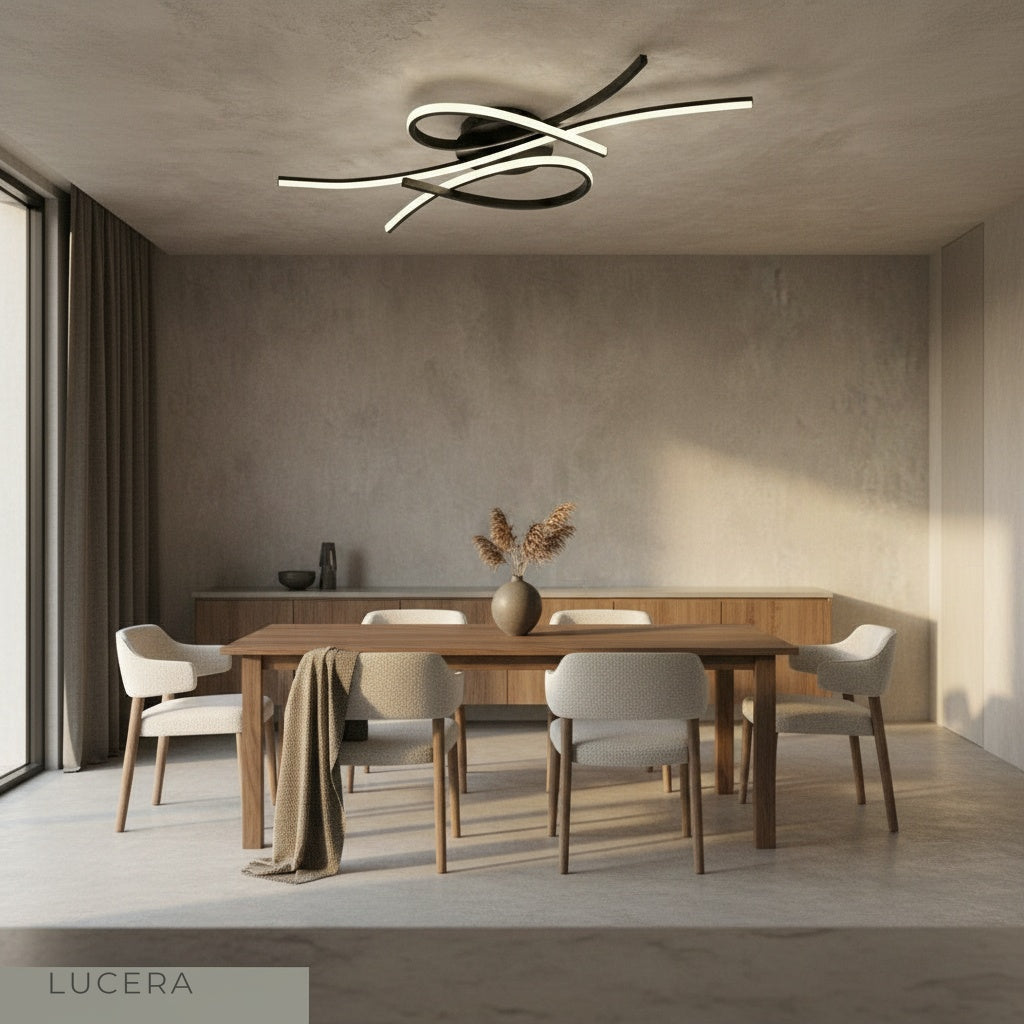 dynamic geometric LED sculpture glowing in high-ceiling hallway