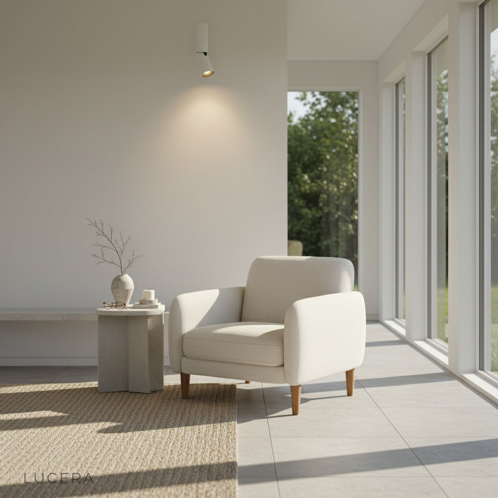 Bewitch ceiling light in home office with cool white lighting highlighting the matte aluminum body