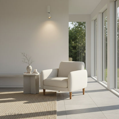 Bewitch ceiling light in home office with cool white lighting highlighting the matte aluminum body