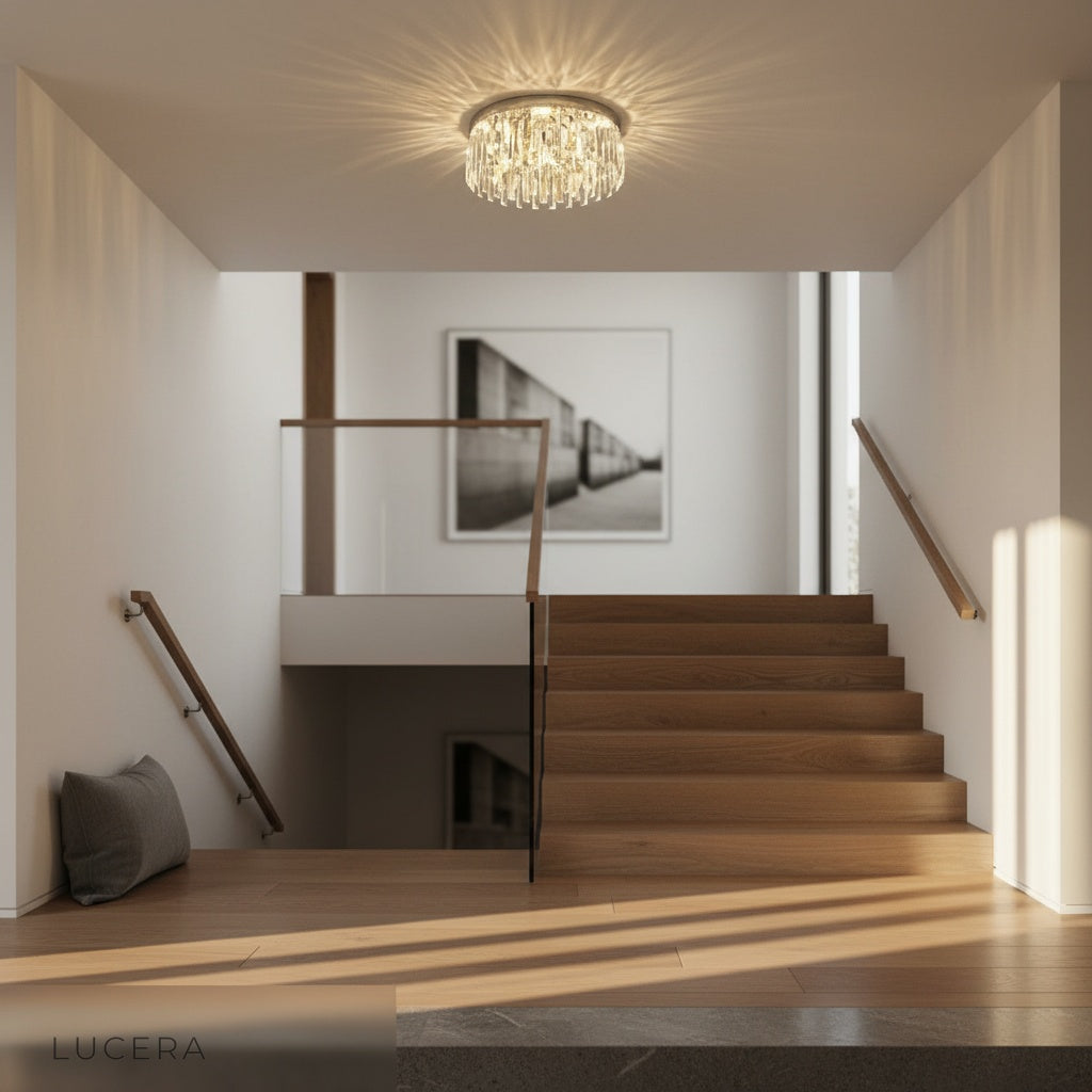 close-up of Emeraldine ceiling light crystal bars and stainless steel frame highlighting opulent craftsmanship