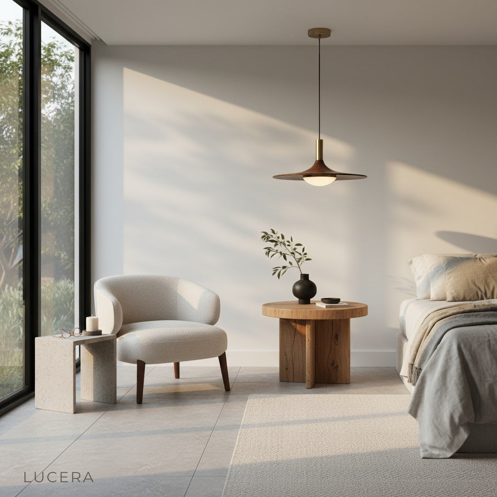 Juju pendant light hanging in a cozy bedroom with warm ambient lighting and neutral tones