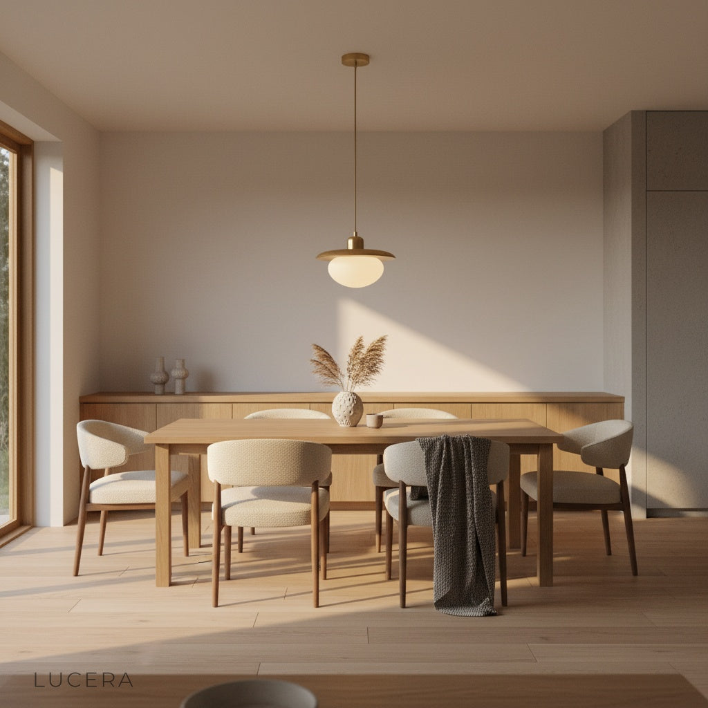 Meander pendant light casting gentle glow in a minimalist hallway with architectural ceiling