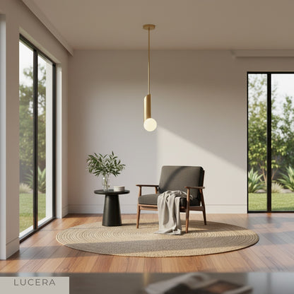 front view of Yancy pendant light showing curved iron arm and straight rod in neutral studio setting