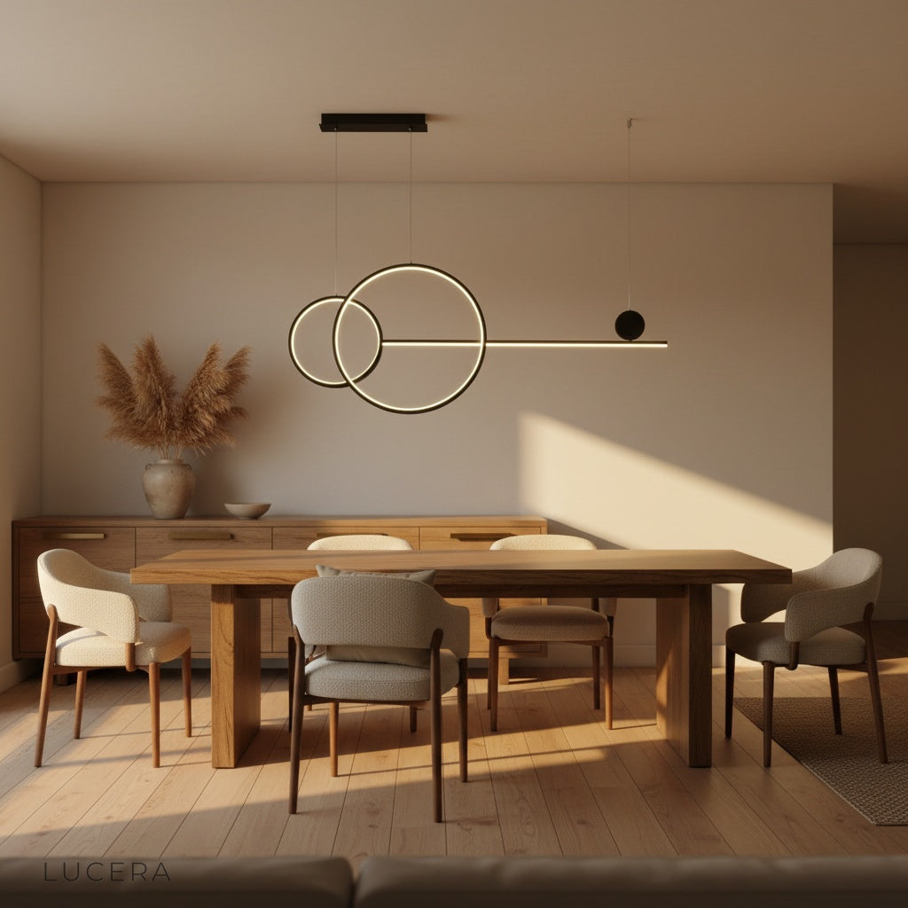 Brumal pendant light in dark room casting warm ambient light on wall